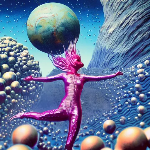 Prompt: insanely detailed procedural render expressive dynamic fluid action scene of chrome spacesuits protecting the dancing nudibranch girl from certain doom as the planet they orbit sends spores attack them, photorealism, sharp focus, award winning, tristan eaton, victo ngai,, maxfield parrish, artgerm, koons, ryden, intricate details, 3 / 4 view, bokeh