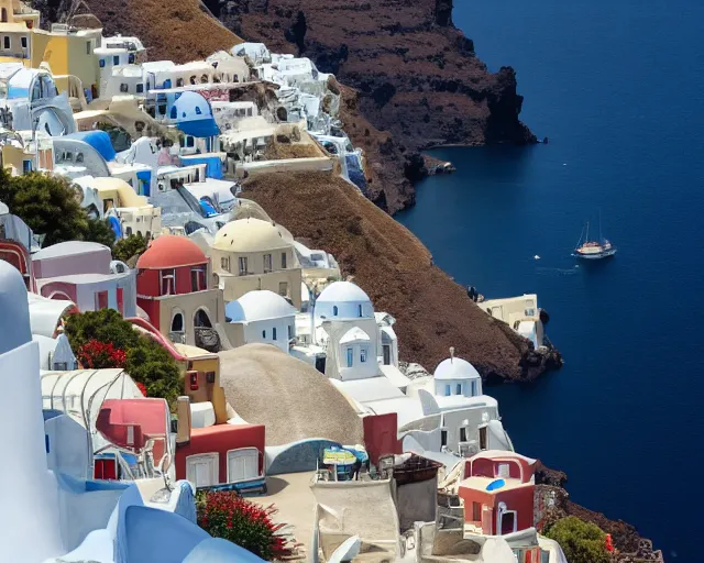 Prompt: a wholesome animation key shot of a Santorini greek city, overhead shot, wide shot, architecture, studio Ghibli, Pixar and Disney animation, sharp, very detailed, high resolution, inspired by Hayao Miyazaki, anime key art by Greg Rutkowski, Bloom, dramatic lighting