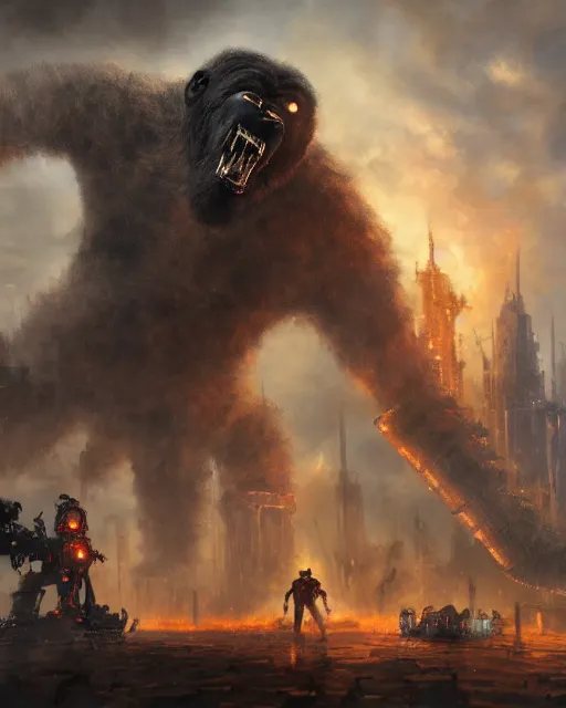 Image similar to oil painting of King Kong Robot attacking, Steampunk, sharp focus, fantasy style, steampunk city background, octane render, volumetric lighting, 8k high definition, by greg rutkowski, highly detailed, trending on art Station, magic the gathering artwork, centered, dramatic artwork, combat scene, fire, explosions