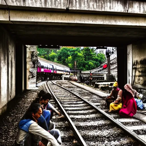 Prompt: poor people life under railway bridge, award winning, realistic, 2 0 0 0 p, hyper details, by steve mccury, best on adobe stock, cinematic, detailed place and people