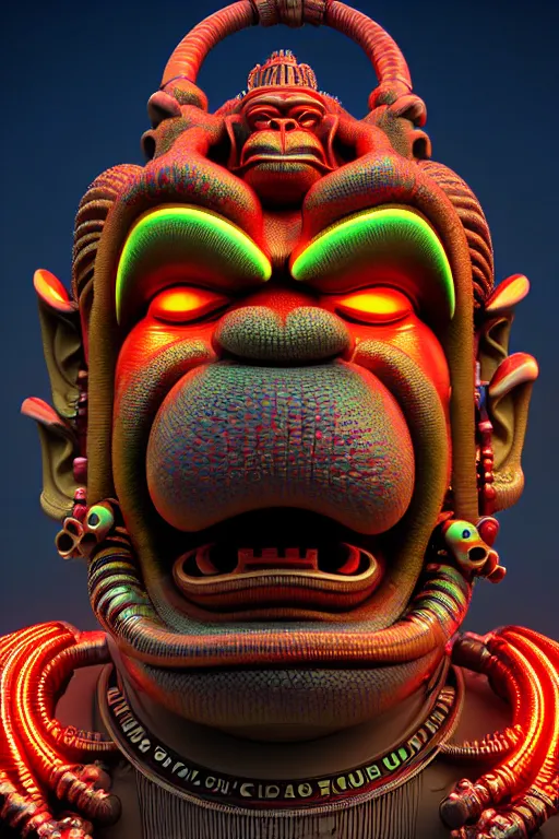 Image similar to high quality 3 d render post - rococo cyberpunk hanuman! head building, neon madhubani, open mouth, highly detailed, in sci - fi mumbai, cinematic smooth unreal engine, lee madgwick & liam wong, dramatic light, low angle, uhd 8 k, sharp focus