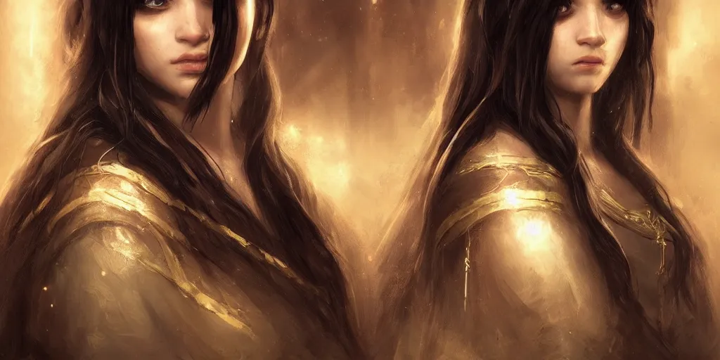 Prompt: a young priestess with long black hair weavering golden string of magic, barroque painting, ultra realistic. cinematic, dynamic. magic the gathering style. epic fantasy, insanely detailed, 4k, symmetrical face, rpg character reference. cinematic light
