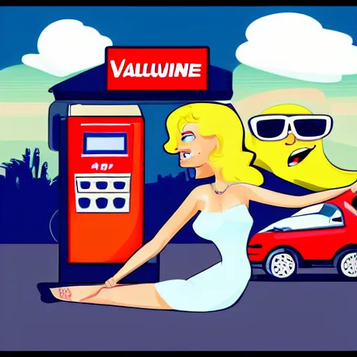 Image similar to petrol station expensive fuel blonde woman nice car cartoon style drawn comic sunny weather wide shot surprised expression valvoline gas