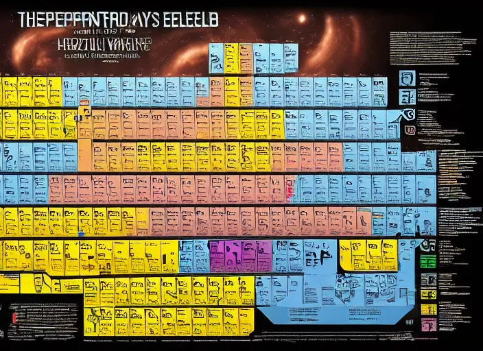 Image similar to Poster of a crazy periodic table from a different universe in the style of portal2, digital art, astonishing great details, award winning, high res