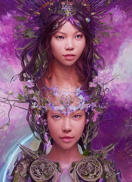 Image similar to portrait of Lalisa Manobal as a Celestial Goddess of a futuristic princess, inside future fighter, sci-fi, fantasy, intricate, lush garden spaceship with sakura season flowers, elegant, human anatomy, royal green and nature light, highly detailed, digital painting, artstation, concept art, smooth, sharp focus, illustration, art by tian zi and WLOP and alphonse mucha, masterpiece, 3d blender