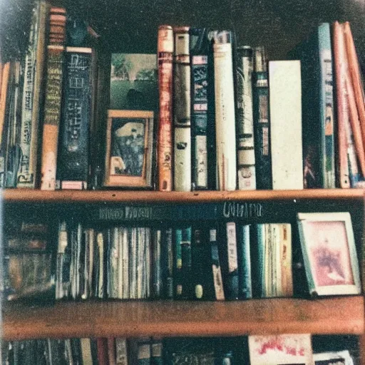 Image similar to a bookshelf full of dust, polaroid photo, perfect photo, photo pinterest