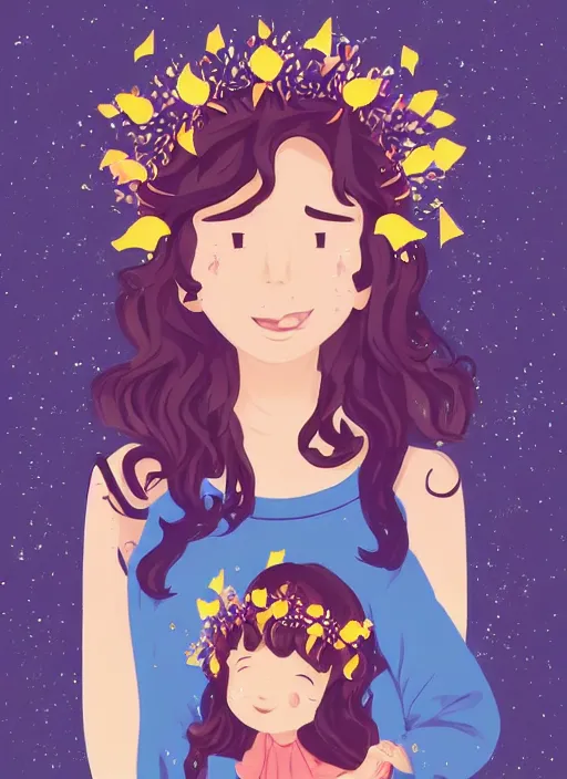 Image similar to little girl with wavy curly light brown hair chasing fireflies in the woods. wearing a flower crown. clean cel shaded vector art. shutterstock. behance hd by lois van baarle, artgerm, helen huang, by makoto shinkai and ilya kuvshinov, rossdraws, illustration, art by ilya kuvshinov