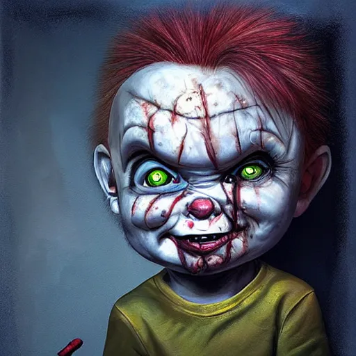 Image similar to painting of chucky by jeremiah ketner and michal karcz | horror themed | creepy