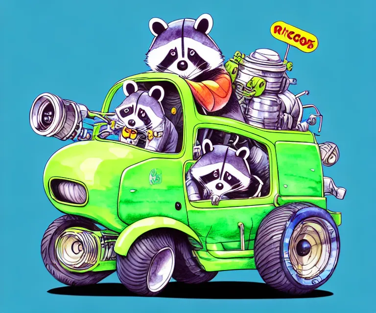 Image similar to cute and funny, racoon wearing a helmet riding in a tiny clown car with oversized engine, ratfink style by ed roth, centered award winning watercolor pen illustration, isometric illustration by chihiro iwasaki, edited by range murata, tiny details by artgerm and watercolor girl, symmetrically isometrically centered, focused