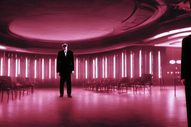 Prompt: a slender handsome man with rounded sunglasses, standing at the podium of a dark conference hall, half - occupied with people, atmospheric and obscure, red neon light, by roger deakins, cinematography, syd mead