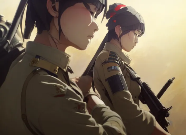 Image similar to a film still portrait of a war soldier woman, finely detailed features, closeup at the faces, perfect art, at a battlefield, gapmoe yandere grimdark, trending on pixiv fanbox, painted by greg rutkowski makoto shinkai takashi takeuchi studio ghibli, akihiko yoshida