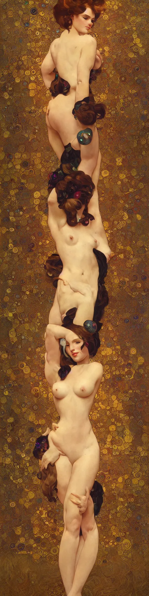 Image similar to modern woman | hyperrealistic | action pose | digital painting | trending on artstation | pinup portrait | clean | illustration | dressed | Unreal Engine 5 | 8k resolution | by Greg Rutkowski Alphonse Mucha Gustav Klimt and Mel Ramos