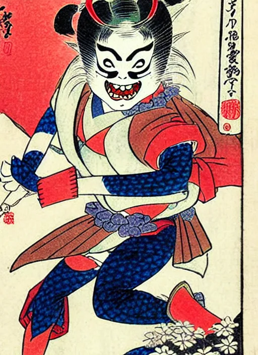 Image similar to harley quinn as a yokai illustrated by kawanabe kyosai and toriyama sekien