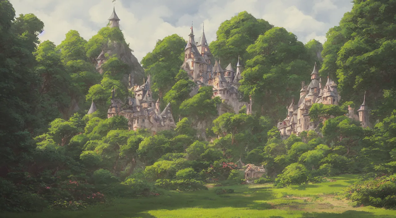 Prompt: a landscape painting of a French castle, with a garden, by Studio Ghibli, trending on artstation