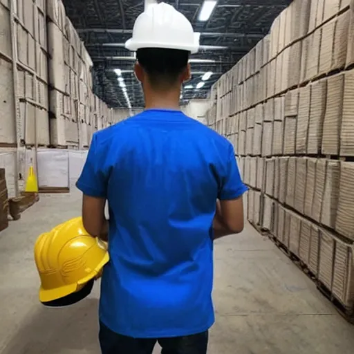 Image similar to a polaroid photo of man doing sort things into sort machines in lazada logistics warehouse, he's wearing blue cloth and construction hat,, photo from behind, highly details, perfect face shape, cinematic lighting,