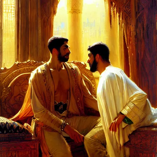 Prompt: attractive arab king confesses his love for his attractive male prince. highly detailed painting by gaston bussiere, craig mullins, j. c. leyendecker