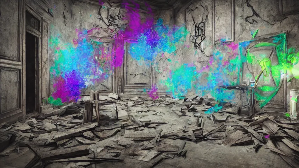 Image similar to a sigil scribbled on the wall, inside a haunted destroyed house, trending on artstation, 8 k, digital photo, unreal engine, colored paint, colorful paint, scary style