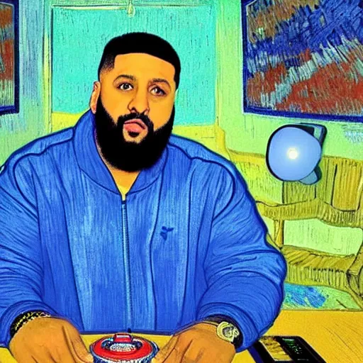 Image similar to ultra realistic portrait of dj khaled in a studio, ultra detailed, under blue, red and yellow cinematic lighting, by van gogh, cartoon