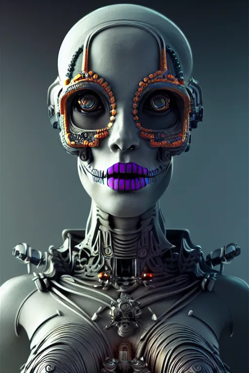 Prompt: ultra detailed Female Android deity, scifi, octane render, clay render, (dia de los muertos), asymmetrical, intricate concept art, art by artgerm and DZO and greg rutkowski and loish and WLOP