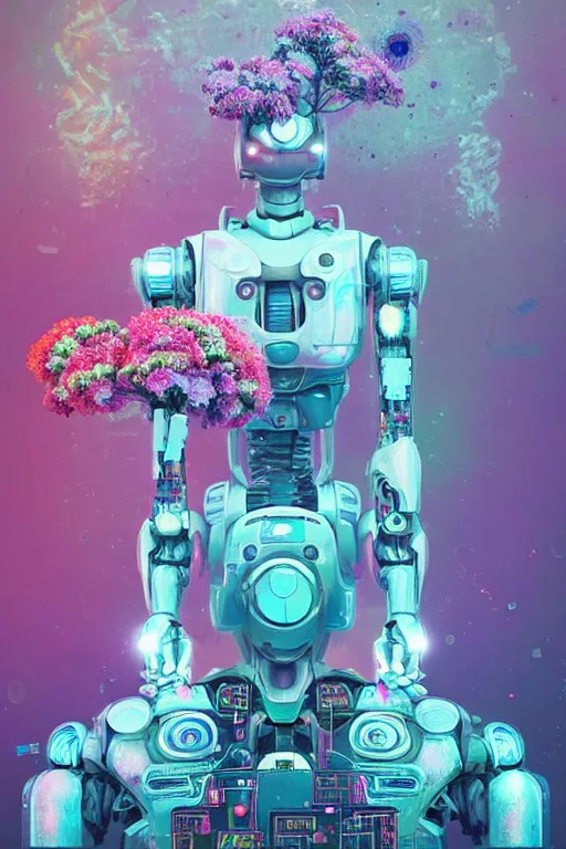 Prompt: a digital painting of a robot with flowers, cyberpunk art by Mike Winkelmann, cgsociety, panfuturism, afrofuturism, made of flowers, dystopian art, vaporwave