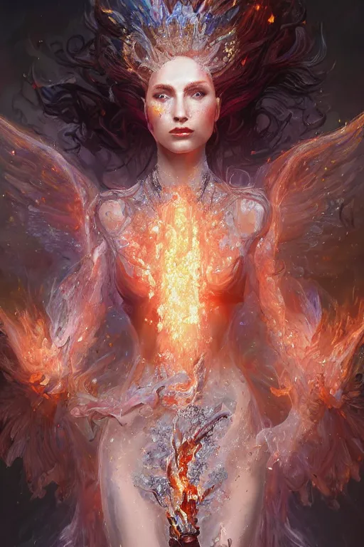 Image similar to torso closeup model wearing exploding fire crystal dress, jewels sorcerer, diamonds, angel, fantasy, dramatic lighting, highly detailed, digital painting, holding electricity, magic the gathering, hyper detailed, 3 d render, hyper realistic detailed portrait, peter mohrbacher, wlop, ruan jia