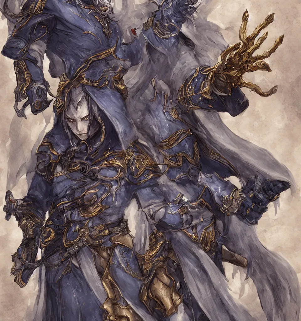 Image similar to tiefling cleric gunslinger holding pistol character art concept ayami kojima style, full body, grey skin, fine detailed, demon tail, blue cleric robe with golden embroidery, final fantasy character art, game character design, game design dark fantasy