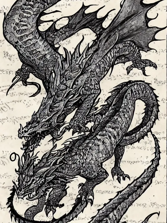 Image similar to ink illustration of a dragon, monster manual style, dungeons and dragons guidebook, tan parchment paper