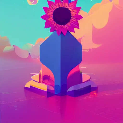 Prompt: beautiful digital sunflower in stunning pick sea, pink and blue scheme, isometric, by Anton Fadeev and Simon Stalenhag, trending on artstation