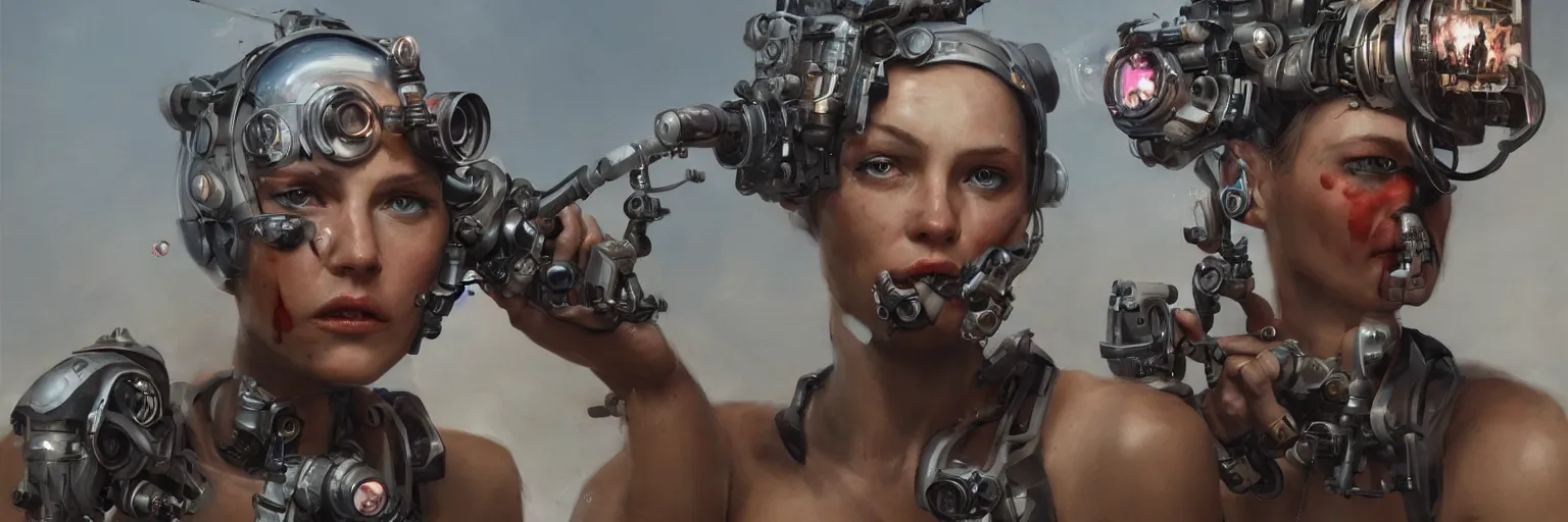 Image similar to tank girl, highly detailed, half human, half cyborg, power augmentation implants, high tech full body transmogrify, low camera angle, pov, beautiful, mesmerising, look of desire, loving stare, battle action shot, digital painting, trending on artstation, concept art, 4 k, sharp focus, illustration, art by greg rutkowski