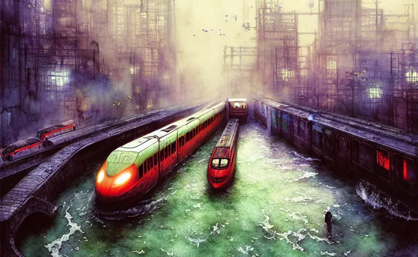 Image similar to an urban train rides inside of a waterway on a fantasy city. intricate, amazing composition, colorful watercolor, by ruan jia, by maxfield parrish, by marc simonetti, by hikari shimoda, by robert hubert, by zhang kechun, illustration, gloomy