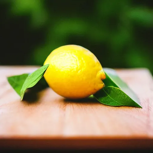 Prompt: Polaroid photo of a lemon on a cutting board, motion blur, out of focus, flash, overexposed, grainy