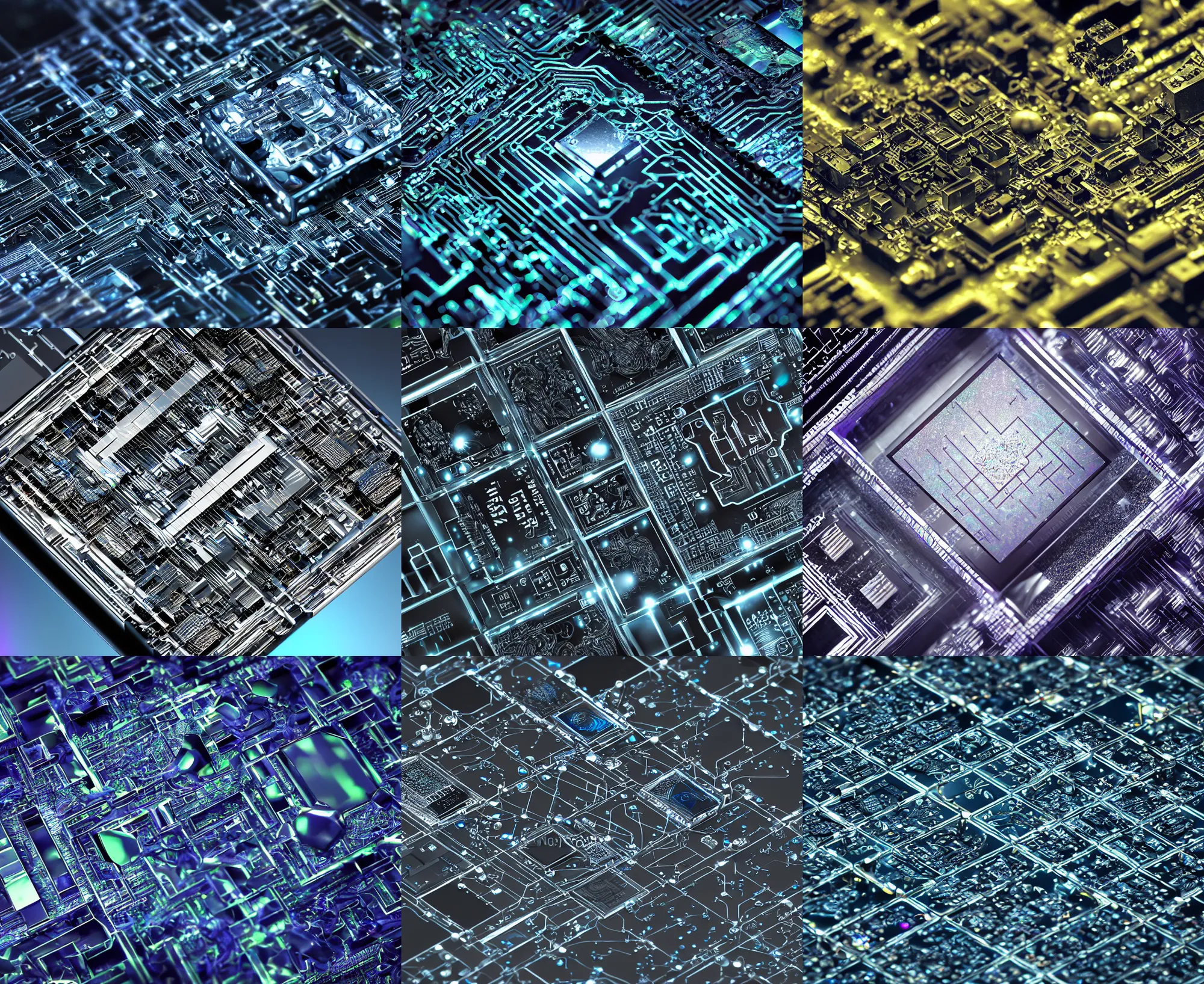 Prompt: circuit board processor block, 3 d ray traced photorealistic render, moody beautiful colors, futuristic, squares, crystal nodes, shiny, high angle shot with sharp realistic intricate detail, iridescent glowing black chips, 3 d cuboid device, graphene, futuristic precious metals, treasure artifact