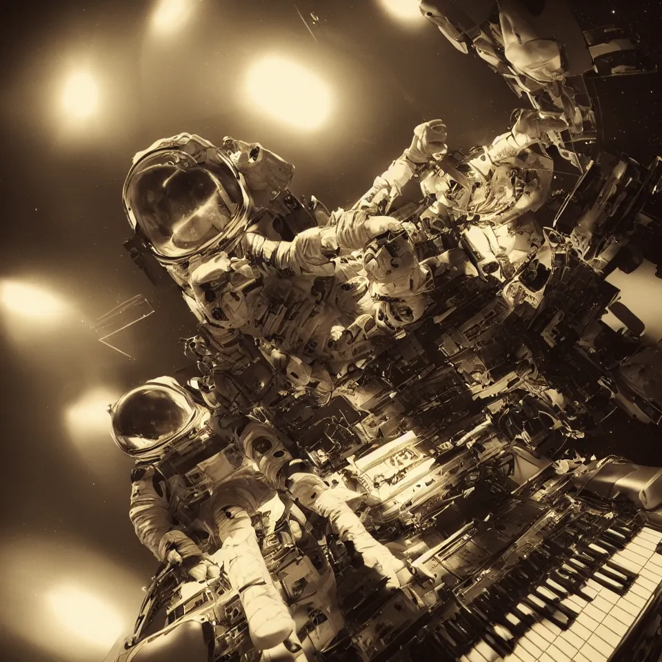 Image similar to portrait astronaut playing a keyboard by ben templesmith, dynamic lighting, cinematic, epic composition, masterpiece