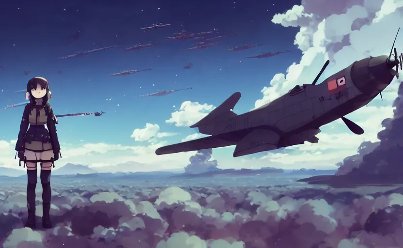 Prompt: panoramic view of cute pilot girl, black sky background, battlefield landscape, illustration concept art anime key visual trending pixiv fanbox by wlop and greg rutkowski and makoto shinkai and studio ghibli and kyoto animation, soldier clothing, military weaponry, fused airplane parts, rule of thirds