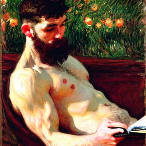 Image similar to attractive man reading a book, painting by tom of finland, john william waterhouse, claude monet