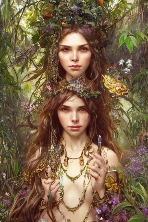 Prompt: ultra realistic illustration, bohemian girl in jungle wearing amulet of power, intricate, elegant, highly detailed, digital painting, artstation, concept art, smooth, sharp focus, illustration, art by artgerm and greg rutkowski and alphonse mucha