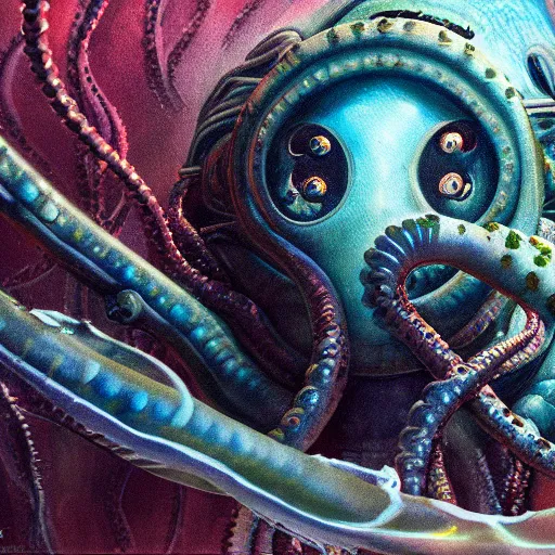 Prompt: eyes, tentacle-enabled underwater human descendant, futuristic painting by aramaki shinji, dagon, hd 8k