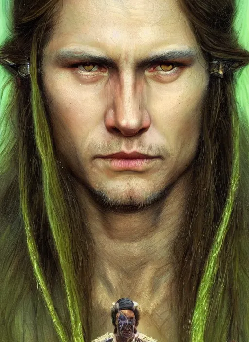 Image similar to a shaman in his twenties with long light brown hair tied back, light green eyes, a large forehead, a widows peak and a round face with high cheekbones as a realistic d & d fantasy character, portrait art by donato giancola and greg rutkowski, vintage retro, realistic face, digital art, trending on artstation
