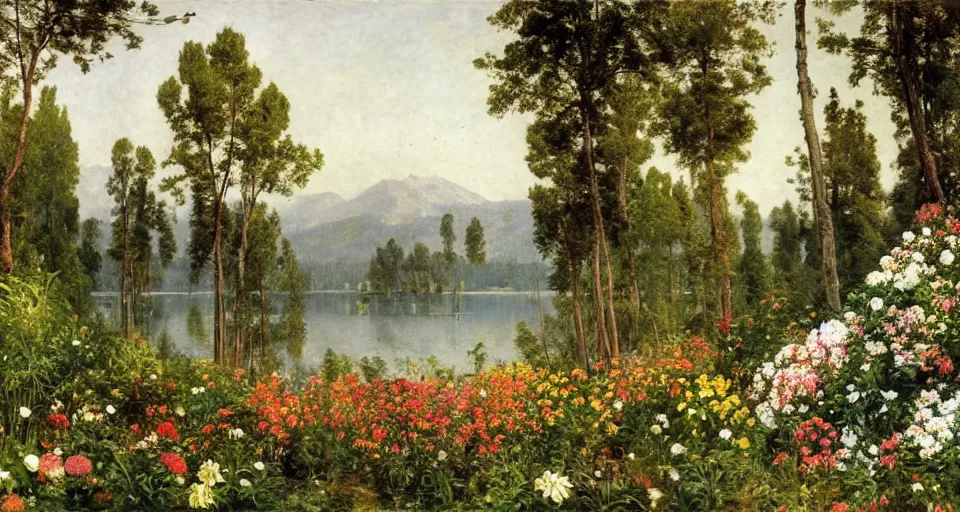 Image similar to atlas texture map megascans, flowers by the lake with forest in background, white background illustrated by eugene von guerard, ivan shishkin, john singer sargent