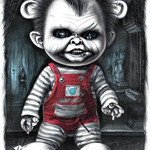 Prompt: painting of chucky by jeremiah ketner and gustave dore | horror themed | creepy