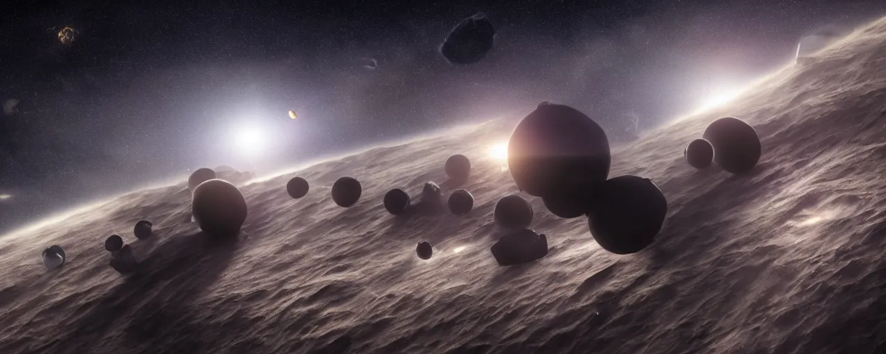 Image similar to movie still, galactic plane with angular minimalist obsidian monoliths floating in space, cell automata, unreal engine, octane render, detailed and intricate, cloudy, global illumination, volumetric lighting, hubble telescope images, james webb telescope images, detailed and intricate environment, color graded