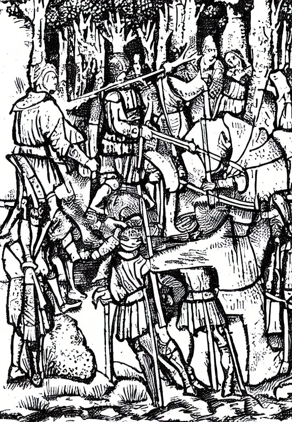 Prompt: Clear and detailed medieval illustration of medieval soldiers in the forest