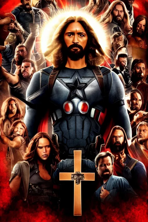 Image similar to poster for a jesus christ avengers movie, jesus posing with his cross as a weapon, photorealistic, cinematic lighting, extremely detailed, marvel cinematic universe