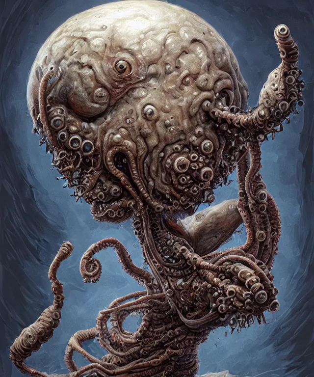 Image similar to hziulquoigmnzhah, head dangling underneath body!!!!, spherical body, elongated arms, short legs, lovecraftian horror!, surrealism, fantasy, intricate, elegant, highly detailed, digital painting, artstation, concept art, matte, sharp focus, illustration, art by keith thompson and christopher lane