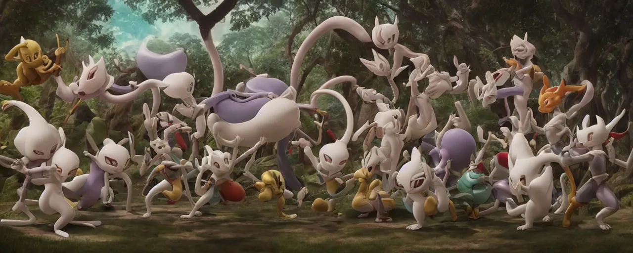 Prompt: ancient javanese Mewtwo (Pokémon) group portrait,Hayao Miyazaki\'s movies,Studio Ghibli\'s mastery of color grading and detail,insanely detailed and intricate,realistic octane 3D,hyper realistic,complex scene,golden Ratio,ArtStation,UHQ,hires textures,detailed real expression on every face,dnd art,mtg art,dramatic,breathtaking maximalist painting by Bouguereau and Gurney