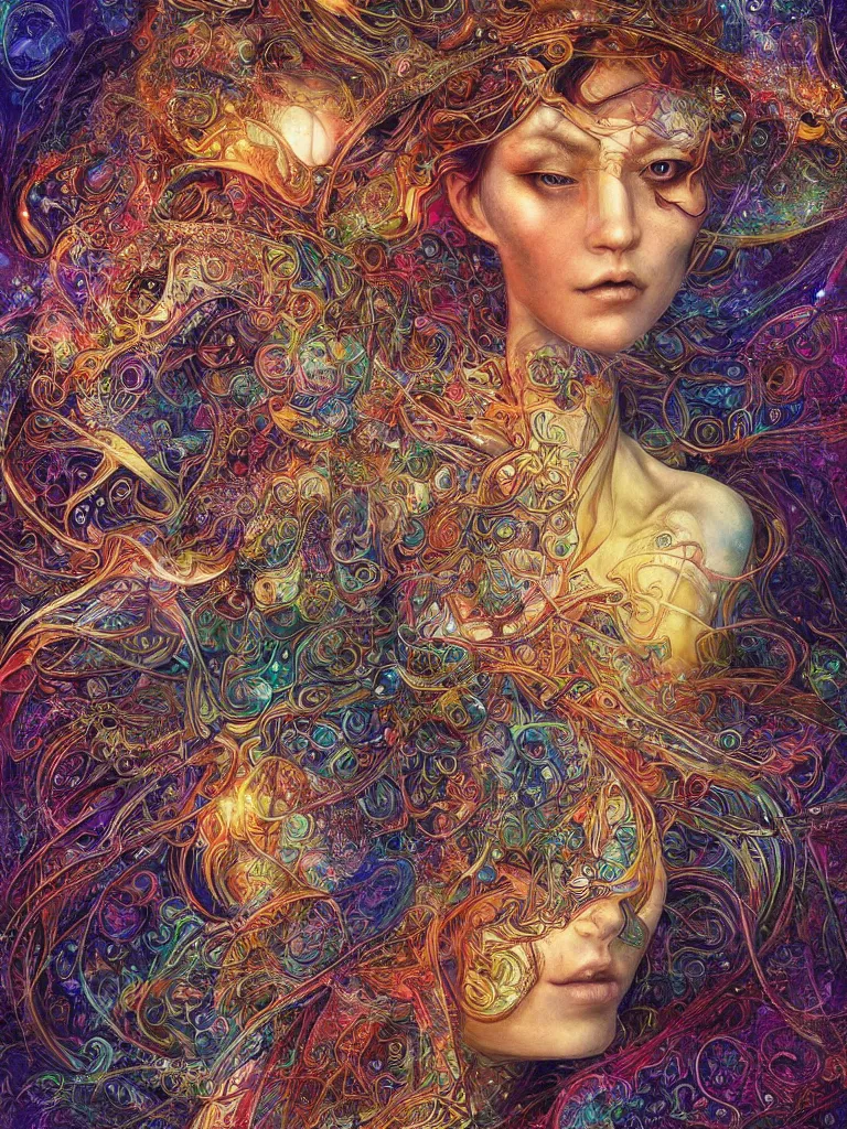 Prompt: an intricate visionary depiction of a realistic beautiful glowing enlightened female transcending beyond the physical boundaries of space and time by android jones and amanda sage