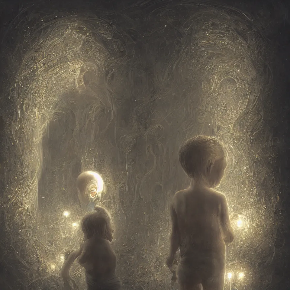 Image similar to a child surrounded by mirror, intricate, elegant, glowing lights, highly detailed, digital painting, artstation, concept art, smooth, sharp focus, illustration, zdzisław beksinski, 8 k, very high resolution, processing, extremely hyperdetailed