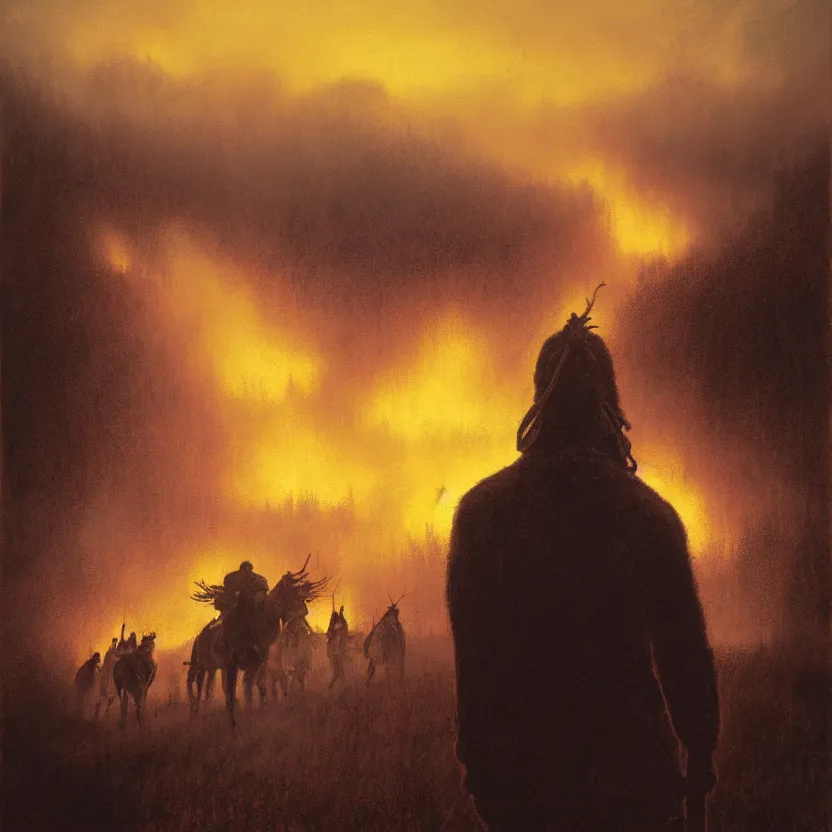 Image similar to 'Toward the morning they saw fires on the horizon. Glanton sent the Delawares. Already the dawnstar burned pale in the east. When they returned they squatted with Glanton and the judge and the Brown brothers and spoke and gestured and then all remounted and all rode on.', by Casey Baugh, Steve Caldwell, Gottfried Helnwein, and Artgerm, sharp focus, 8k resolution, masterpiece work, digital render.