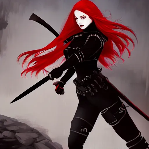 Image similar to a girl with red hair holding a katana, gothic clothes, ponytail, action shot, highly detailed, digital painting, artstation, concept art, smooth, sharp focus, illustration