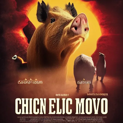 Image similar to Movie Poster Chicken, Cow, Capybara, Pig, Epic, Cinematic, 4K